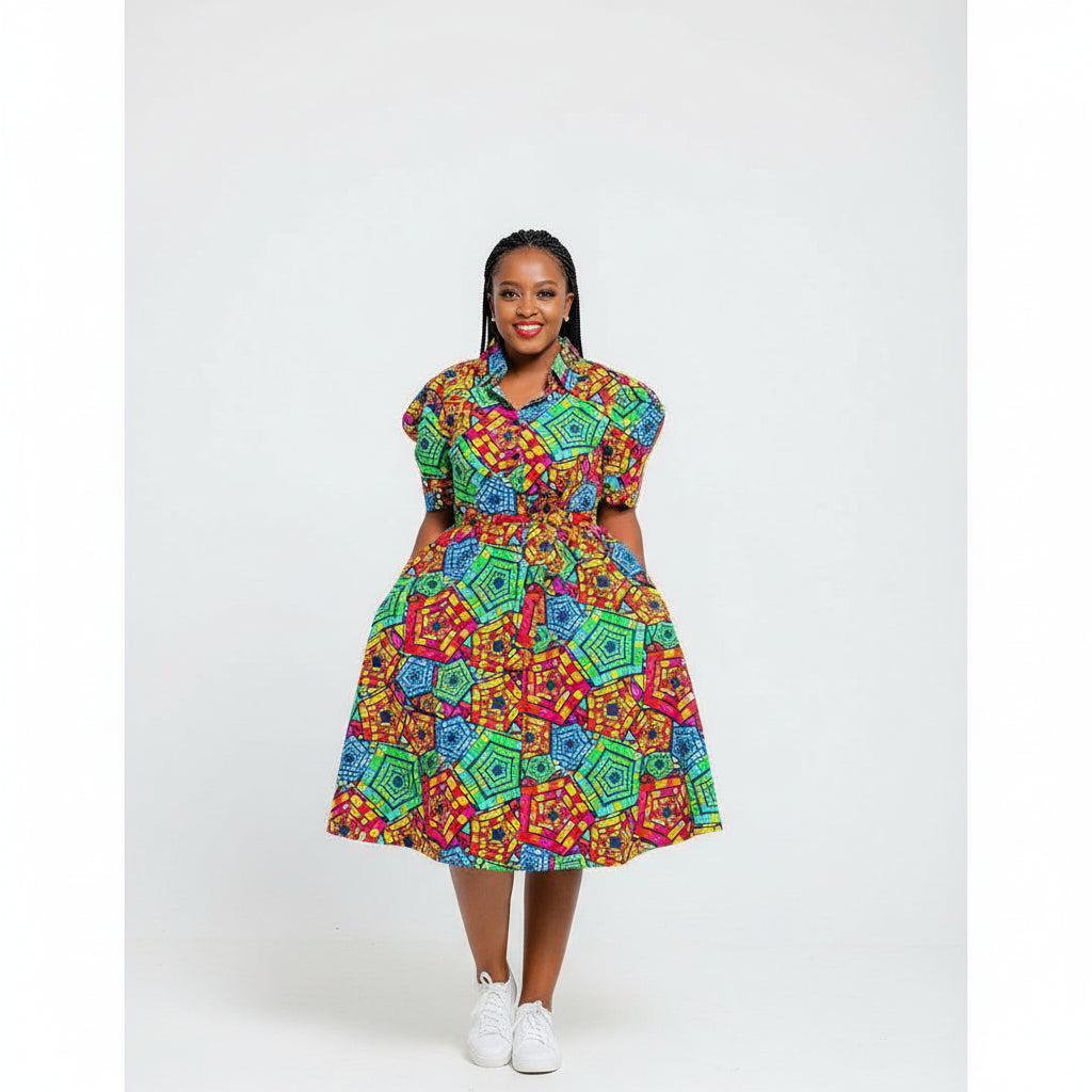 Deep V-Neck 3 Quarter Sleeve Ankara Dress