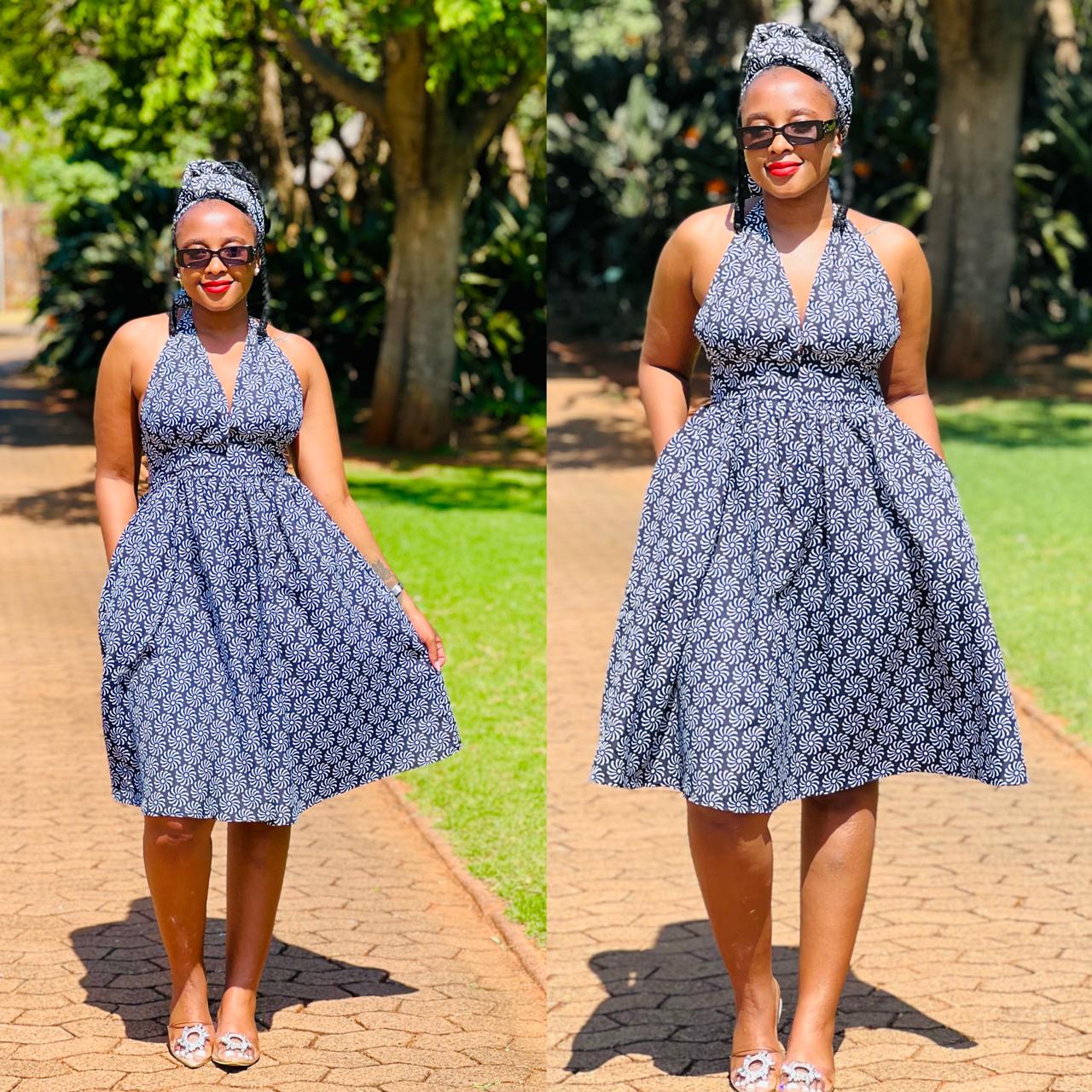 Deep V-Neck Backless Mini Ankara Dress