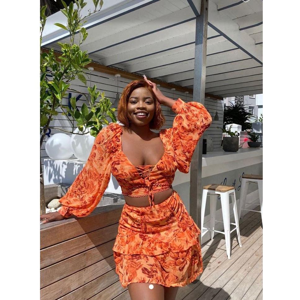 Deep V neck Lantern Sleeve chiffon shirt two-piece set