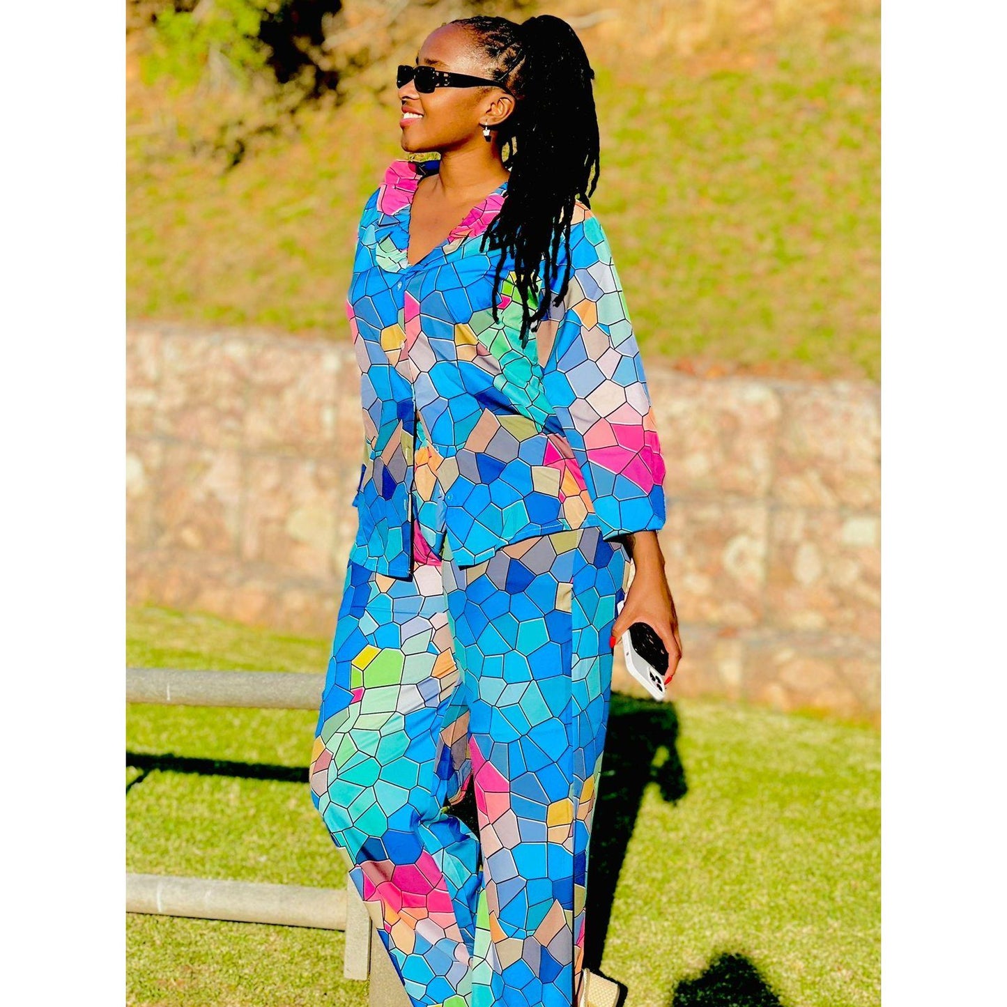 Printed V-Neck Blouse & Pants Set