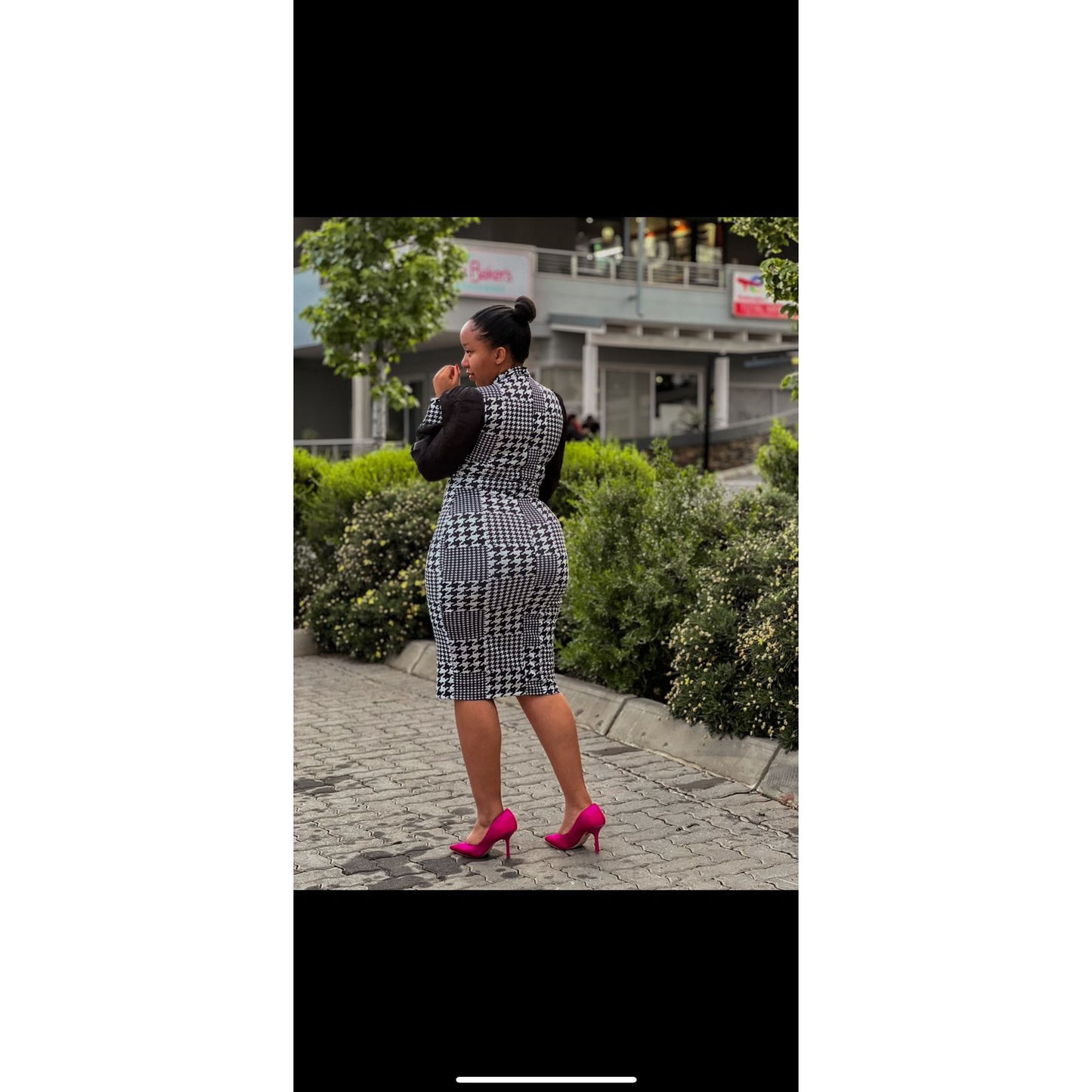 Houndstooth Print Mesh Sleeve Dress