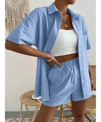 Casual Solid Color Long Sleeve Shirt With Short Outfit Set