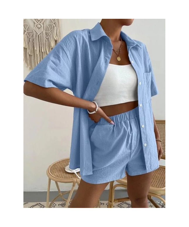 Casual Solid Color Long Sleeve Shirt With Short Outfit Set
