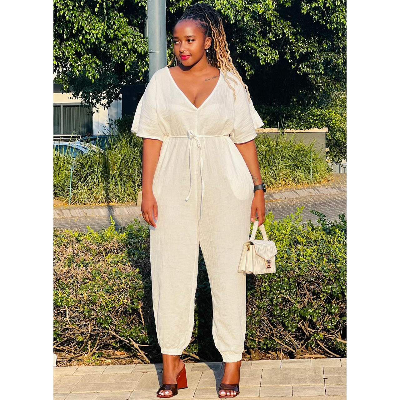 Solid Color High Waisted Short Sleeved Jumpsuit