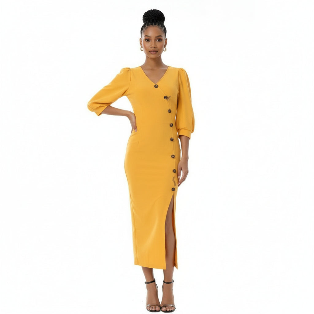 V-Neck Button Detailed Dress