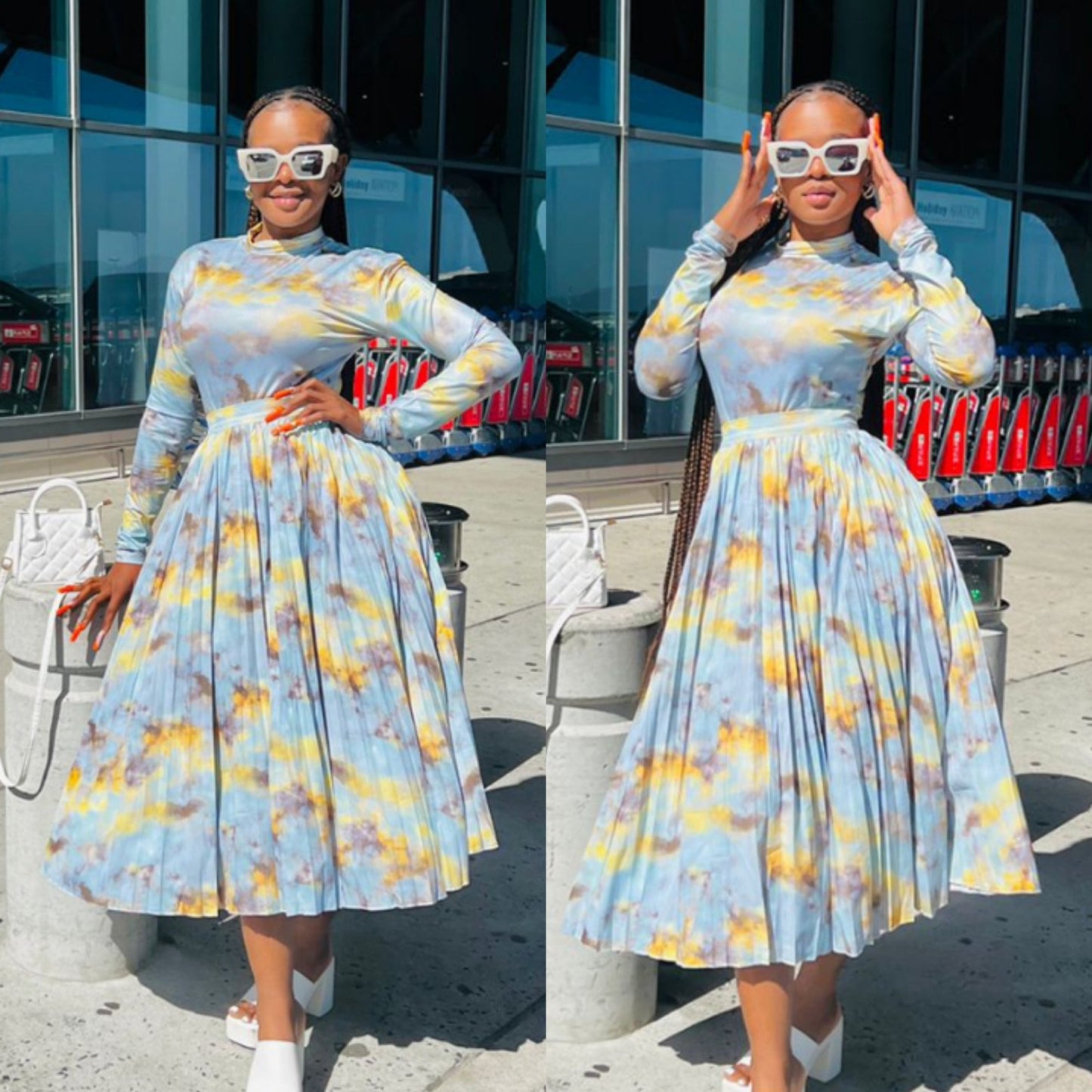 Printed High-Neck Top & Long Skirts Set