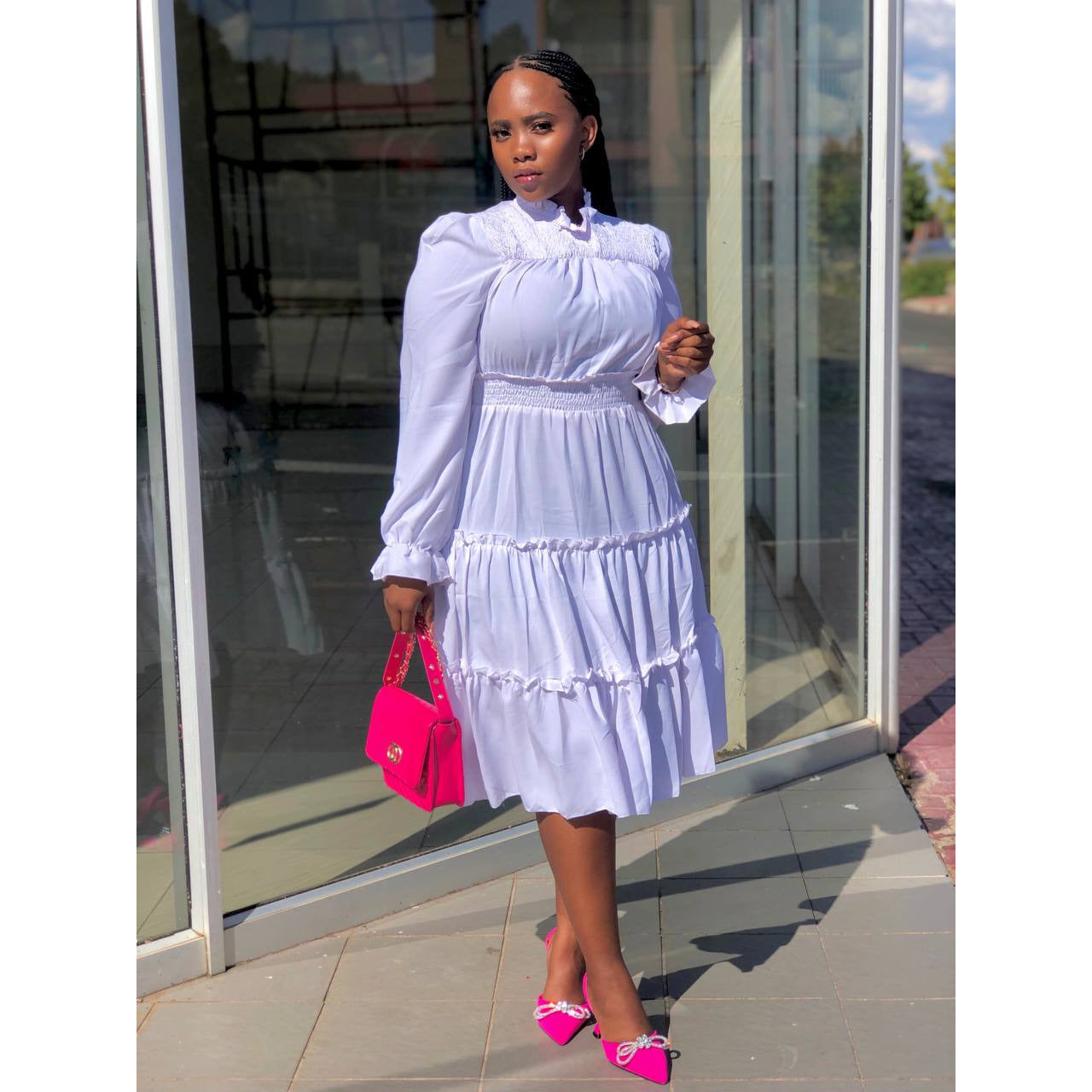 Pleated Long Sleeve Stand Collar Dress