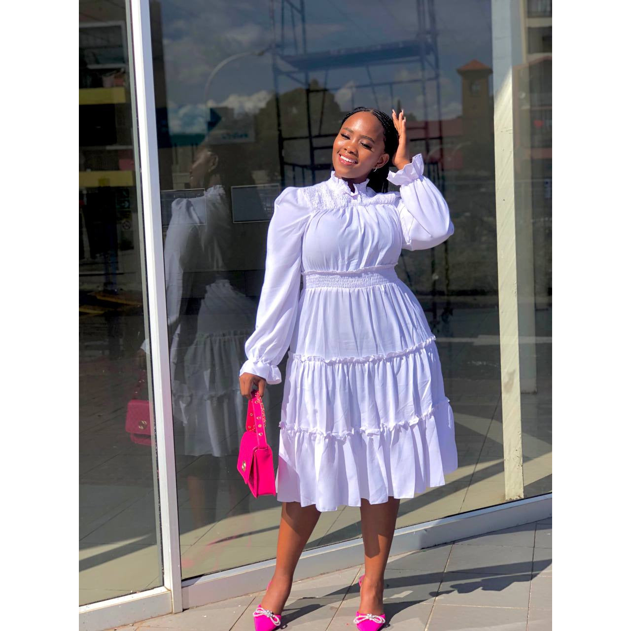 Pleated Long Sleeve Stand Collar Dress