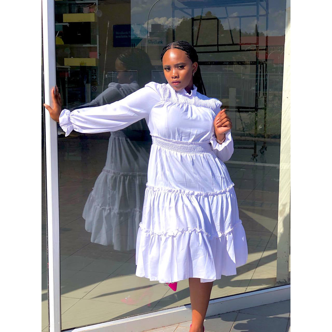 Pleated Long Sleeve Stand Collar Dress