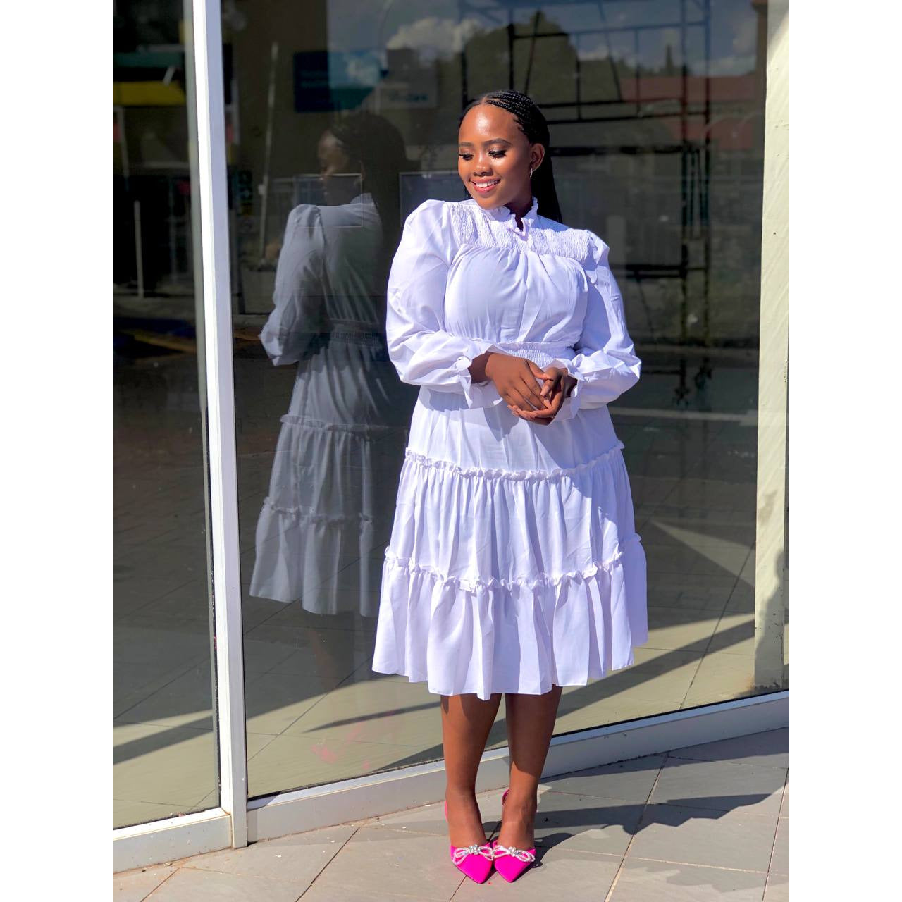 Pleated Long Sleeve Stand Collar Dress