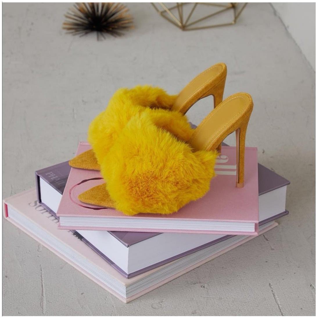 Faux Fur Open Toe Heel - YELLOW SUB TRADING 