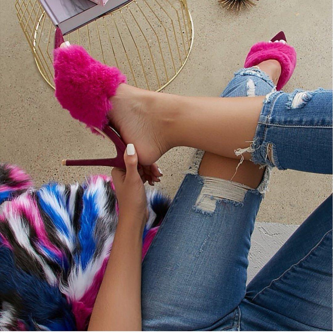 Faux Fur Open Toe Heel - YELLOW SUB TRADING 