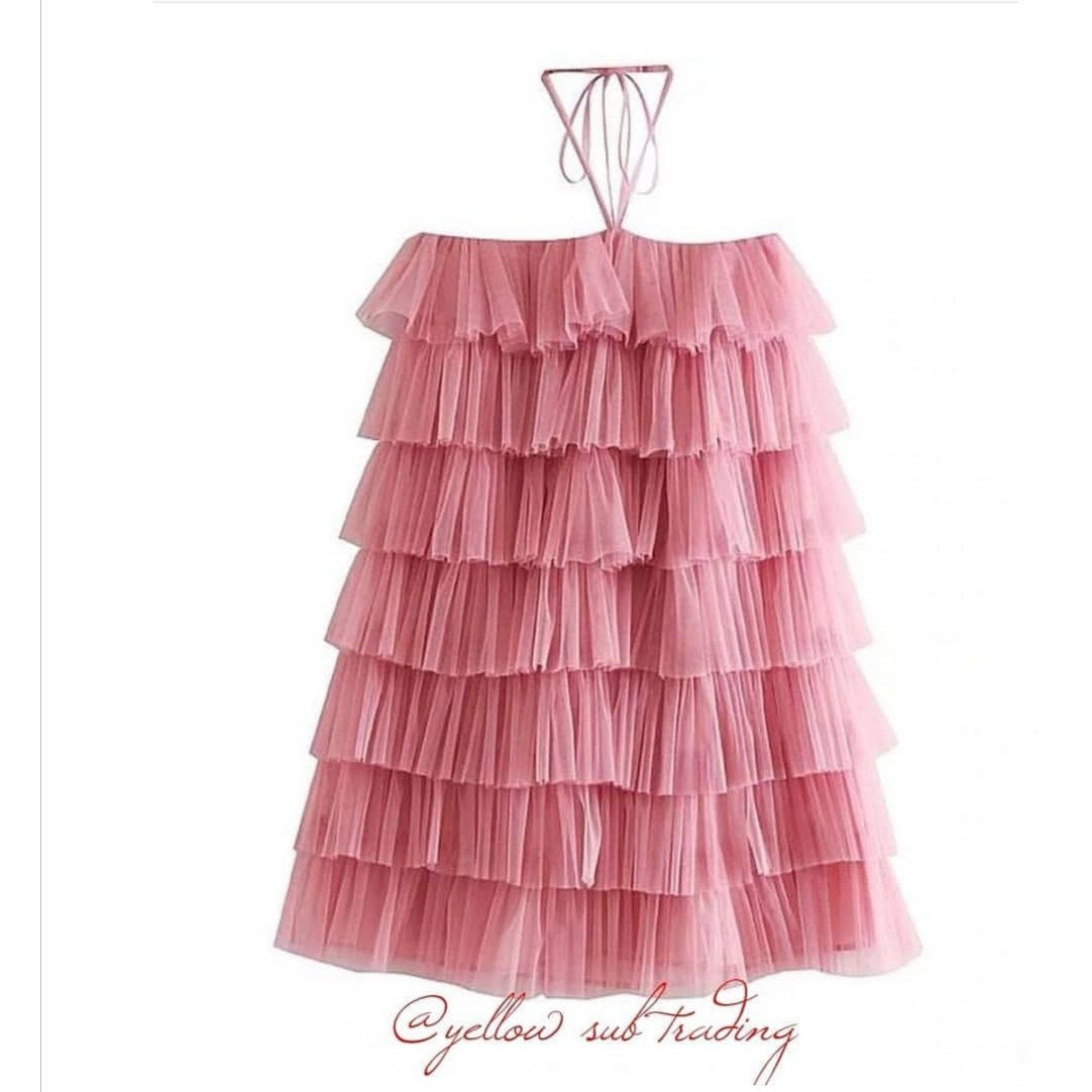 pink tulle dress zara One-Shoulder Sleeveless High-Low Women Zara-Craft ZARA CONTRAST TULLE DRESS Long