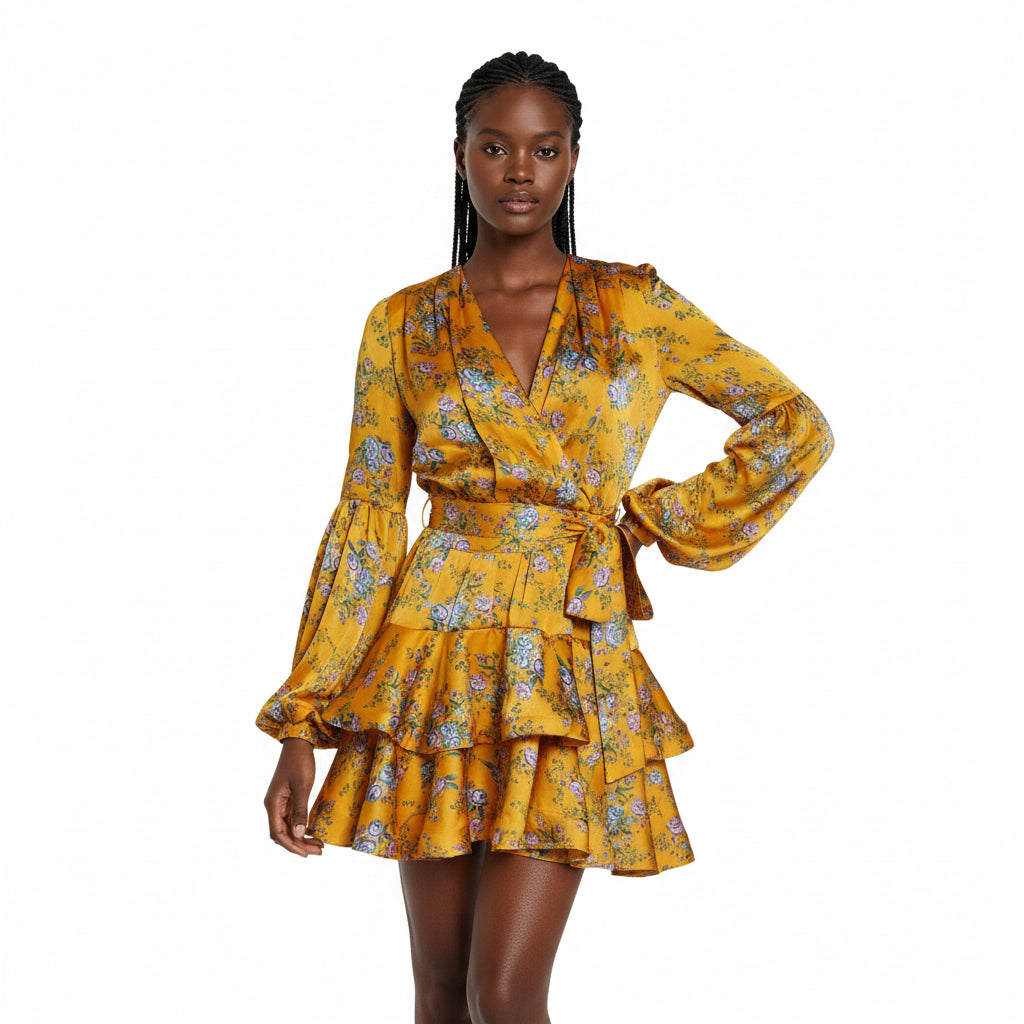 V-Neck Print Puff Sleeve Mini Dress  - YELLOW SUB TRADING 