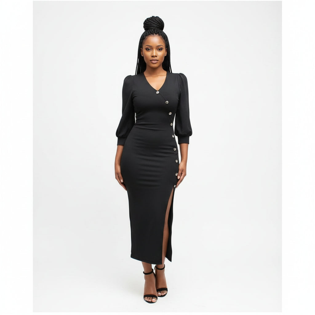 V-Neck Button Detailed Dress