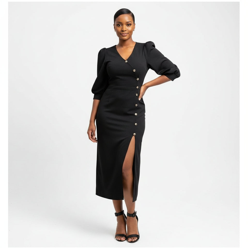 V-Neck Button Detailed Dress