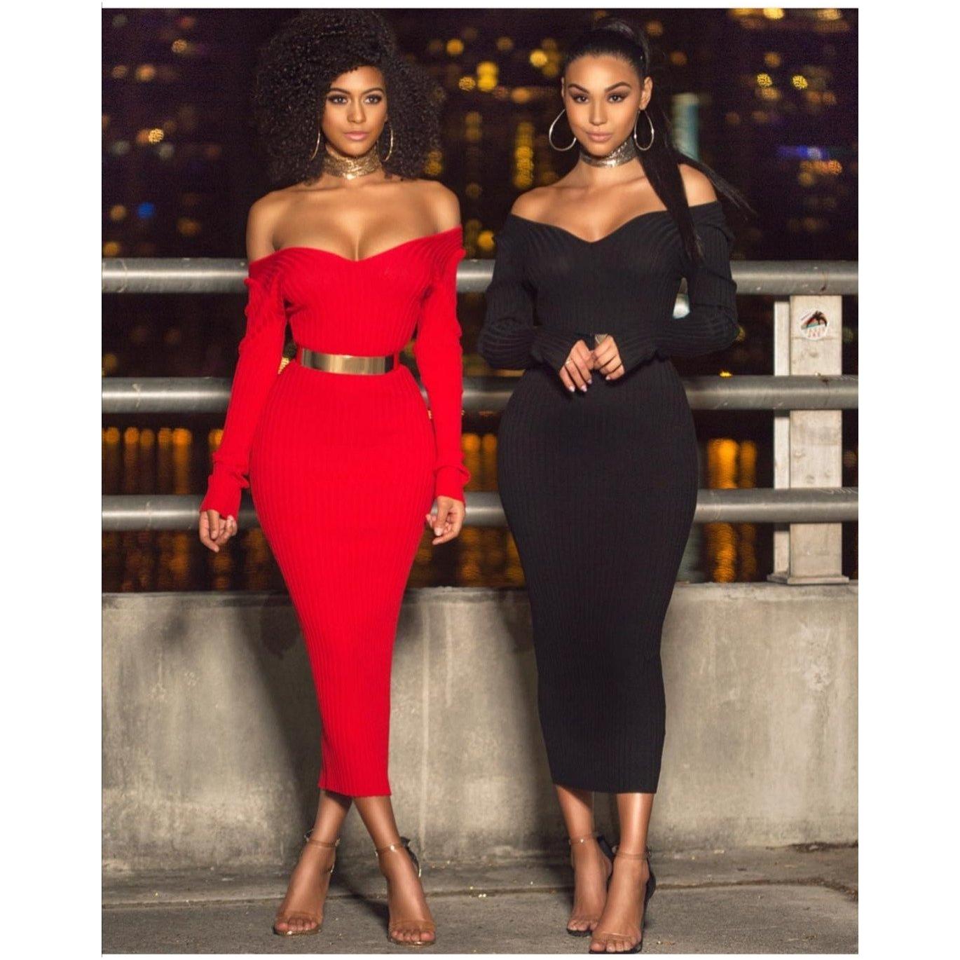 Deep V-Neck Sweater Dress 