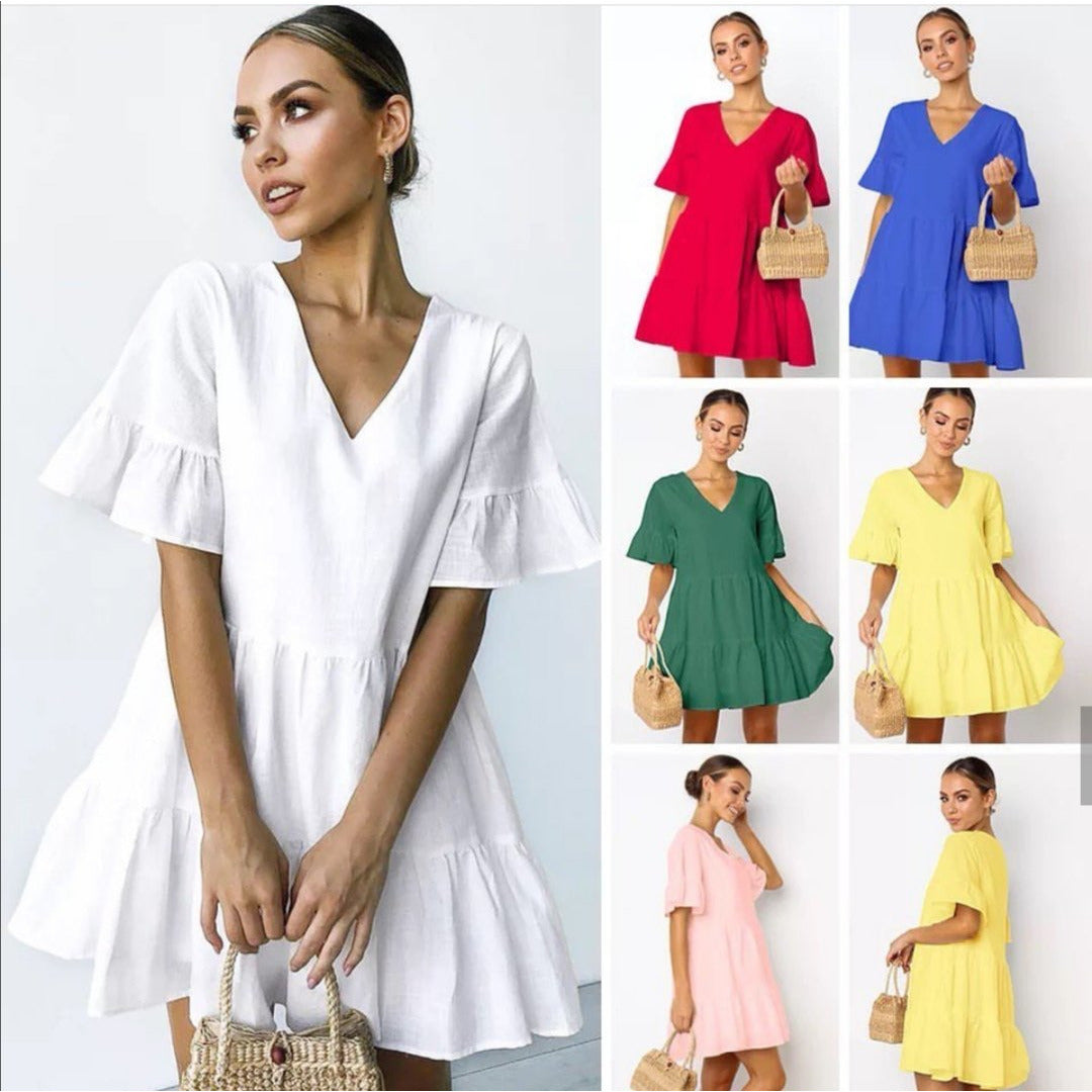 Deep V-Neck Short Sleeve Mini Dress.