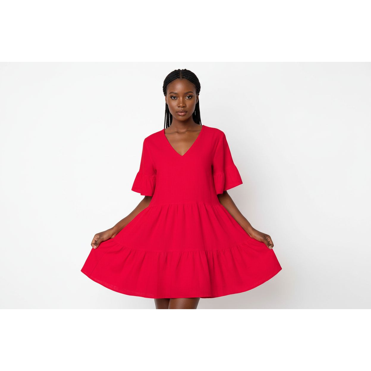 Deep V-Neck Short Sleeve Mini Dress.