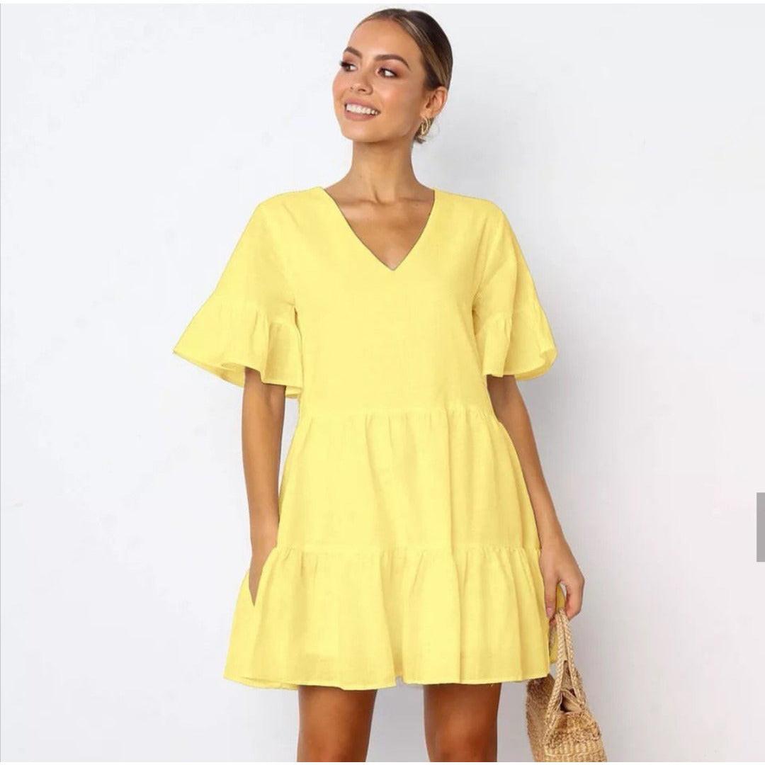Deep V-Neck Short Sleeve Mini Dress.
