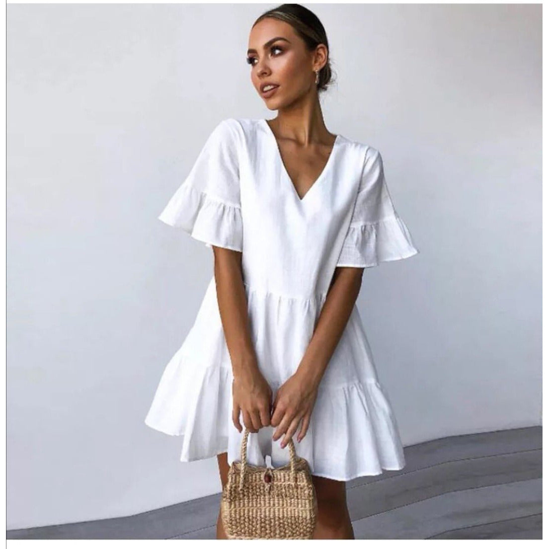 Deep V-Neck Short Sleeve Mini Dress.