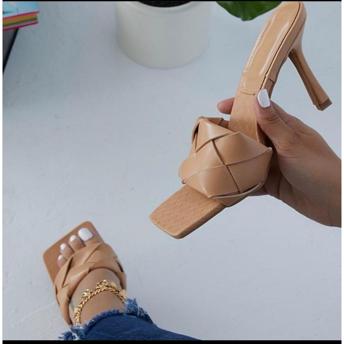 Weave Mules Heels Slippers 