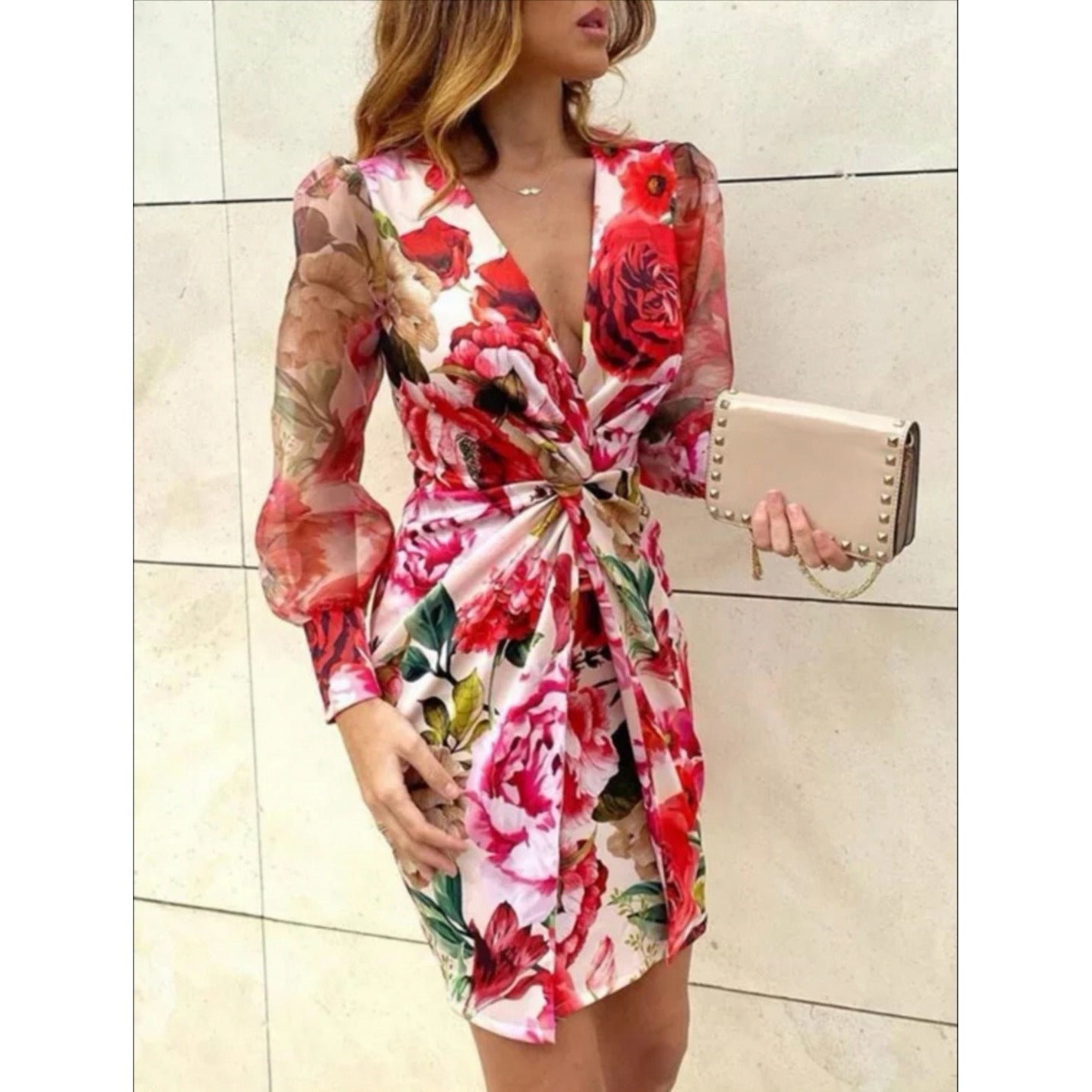Deep V-Neck Floral Dress 