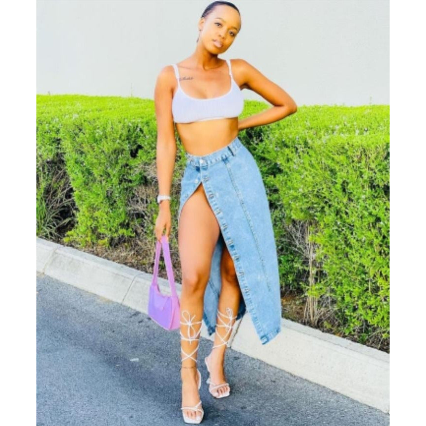 Single Button Split Denim Skirt