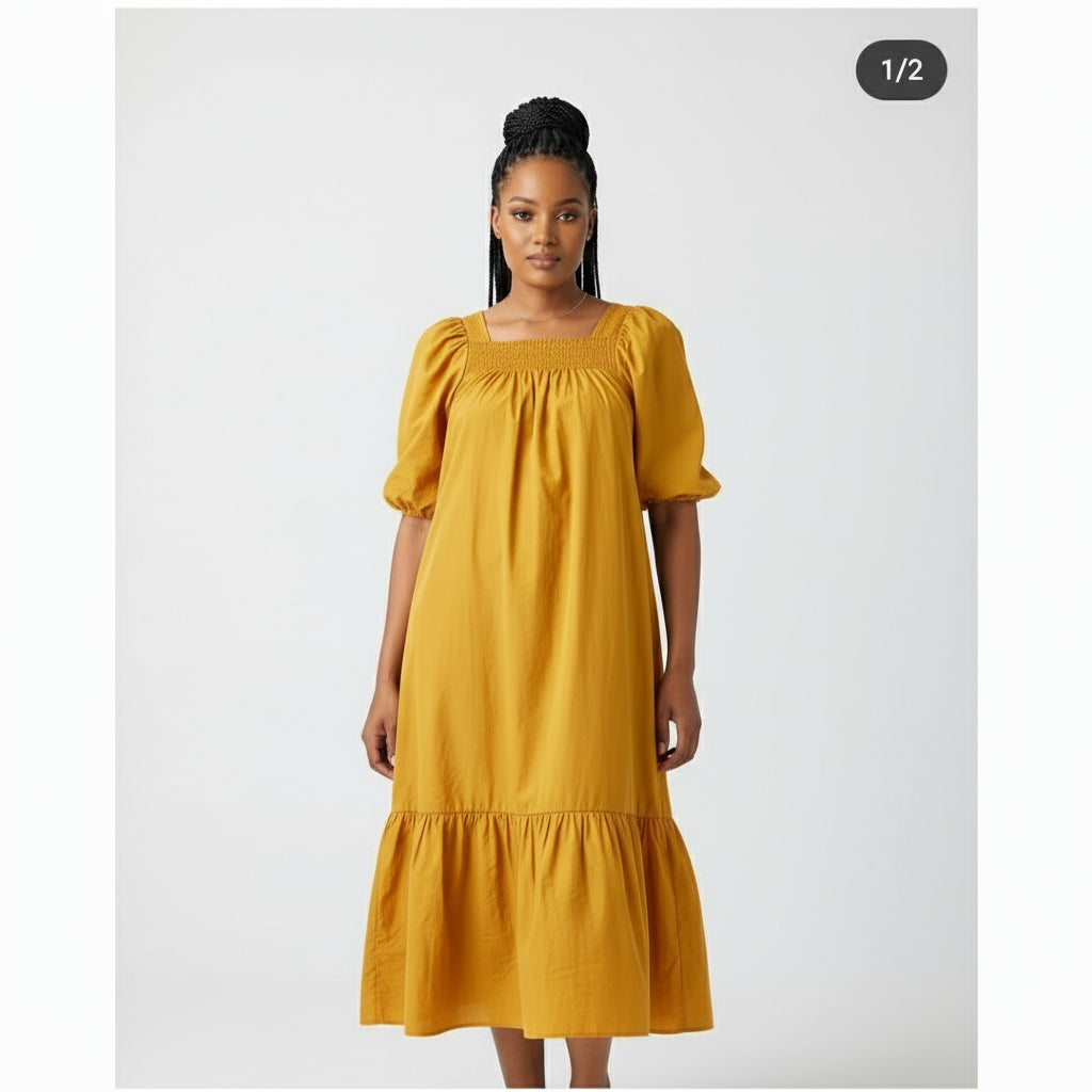 Shirred Tiered Poplin Maxi Dress
