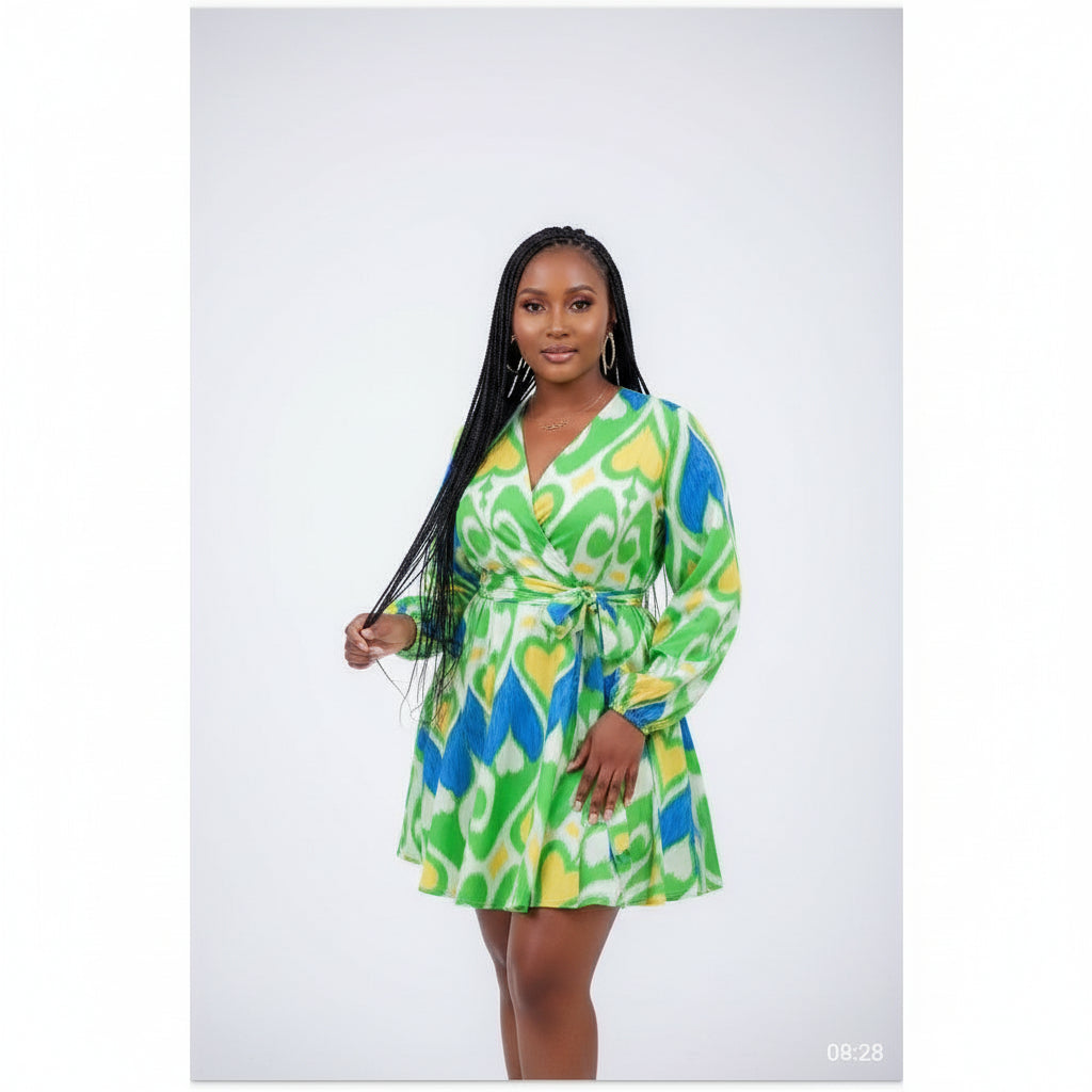 Bowknot Round  Neck Lantern Sleeve Mini Dress