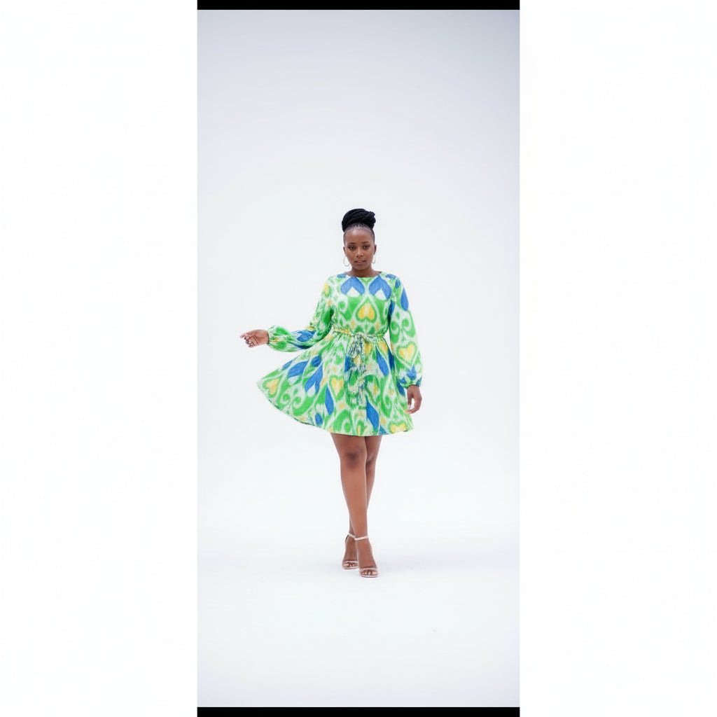 Bowknot Round  Neck Lantern Sleeve Mini Dress
