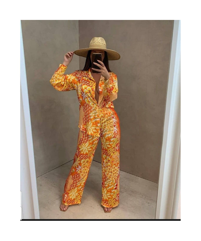Print Turn-down Collar Blouse And Long Pants Outfits Set