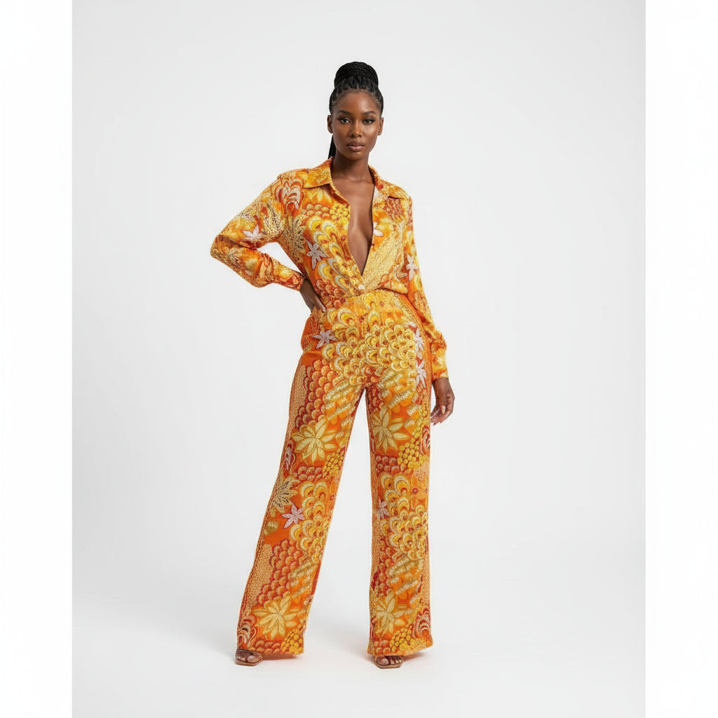 Print Turn-down Collar Blouse And Long Pants Outfits Set