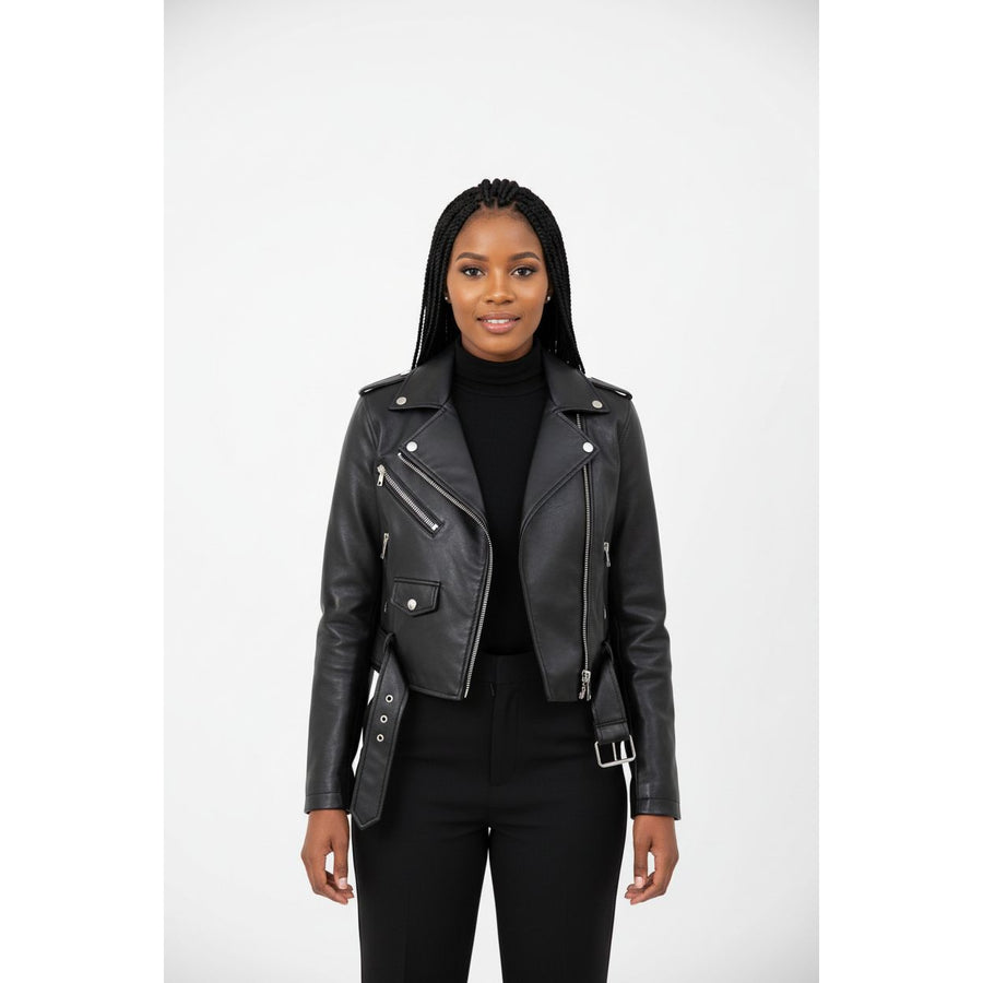 Women’s Faux Leather Zipper Jacket – Belted Biker Style