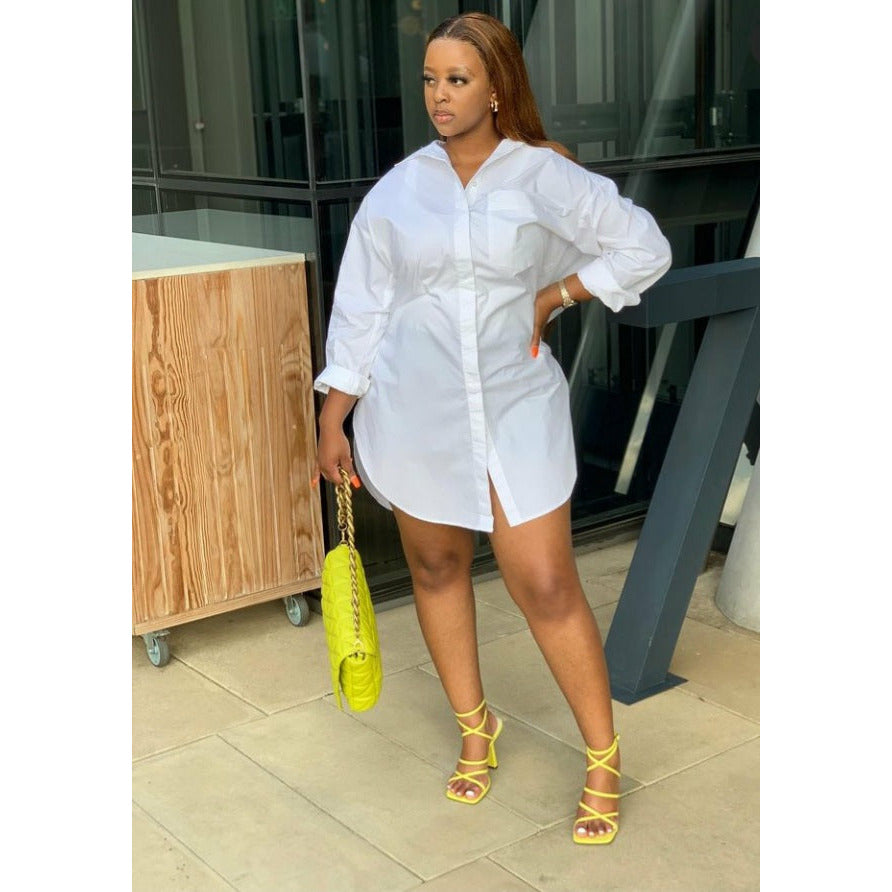 Oversized Tops Shirt Dress And Thigh High Boots Long Sleeve Button