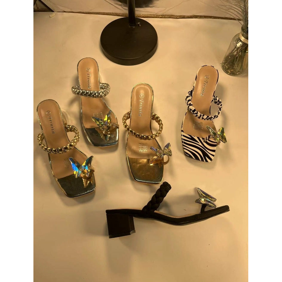 Princess Butterfly Rhinestone Short Heel Sandals