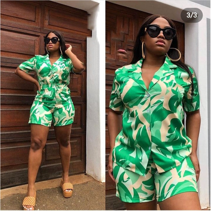 Sleeve Shirts with Elastic Waist Shorts Set