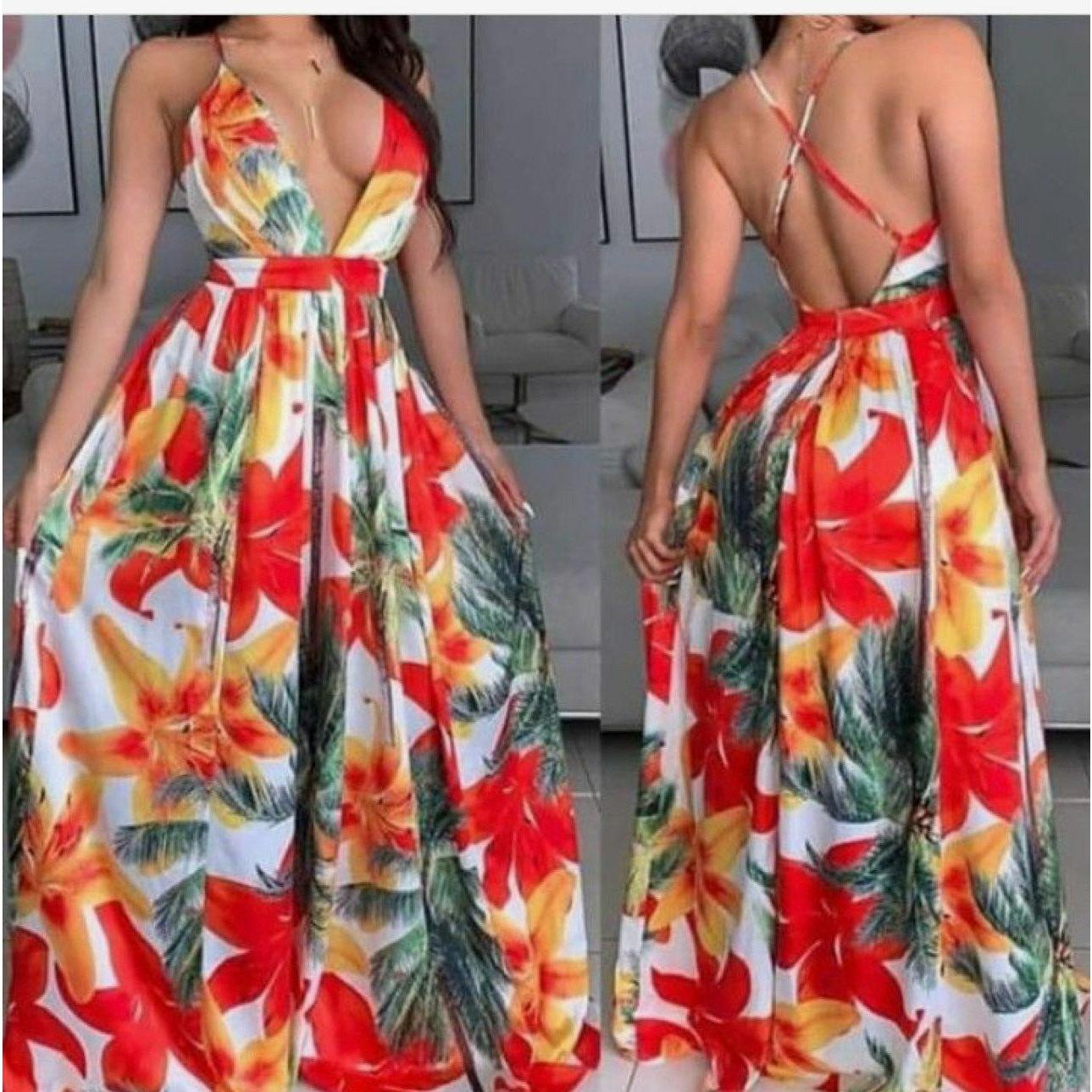 V-Neck Floral Print Backless Maxi Dress