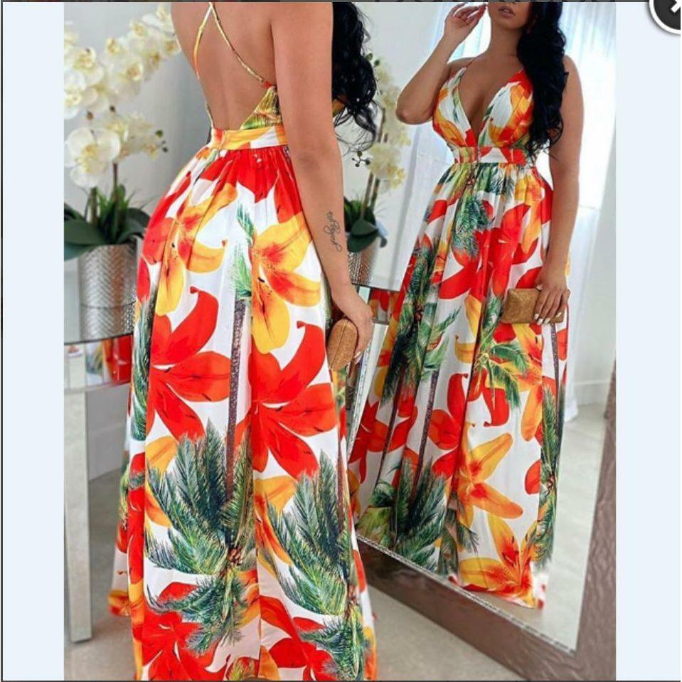 V-Neck Floral Print Backless Maxi Dress