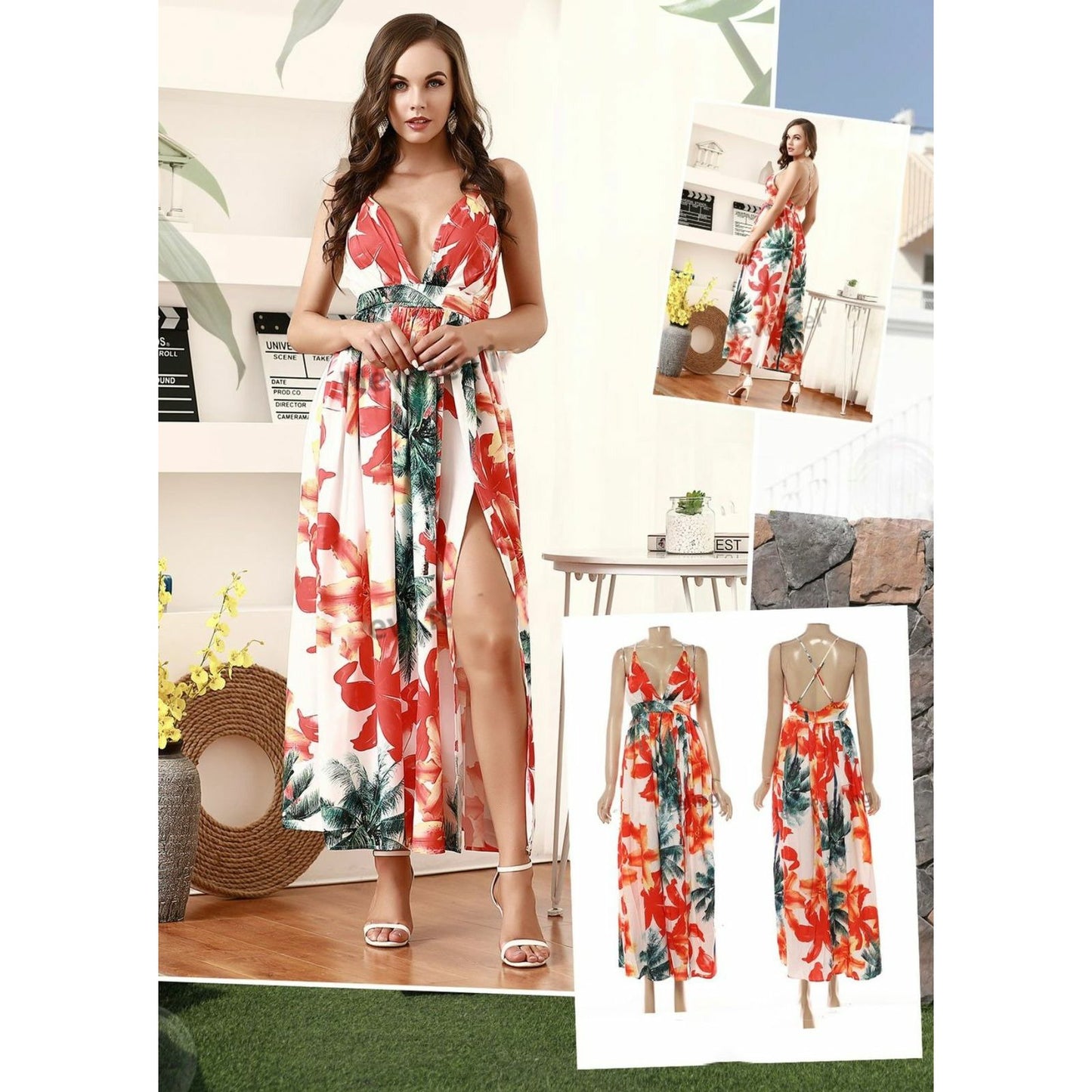 V-Neck Floral Print Backless Maxi Dress