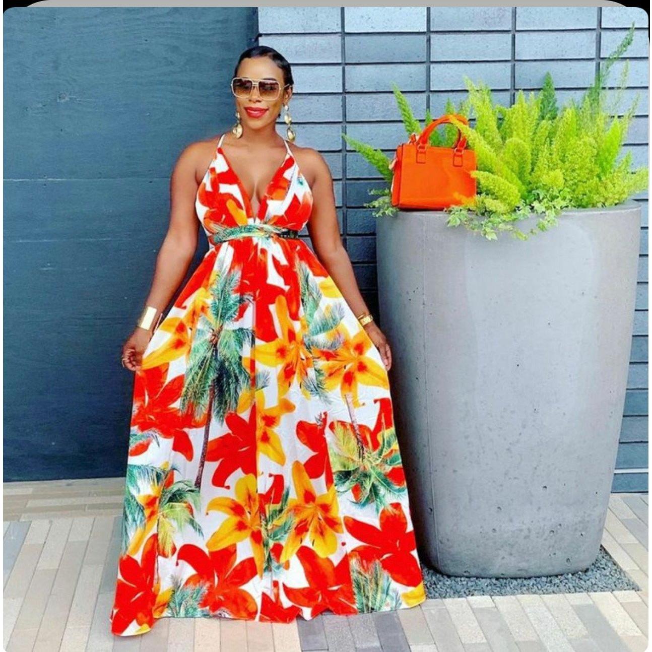 V-Neck Floral Print Backless Maxi Dress