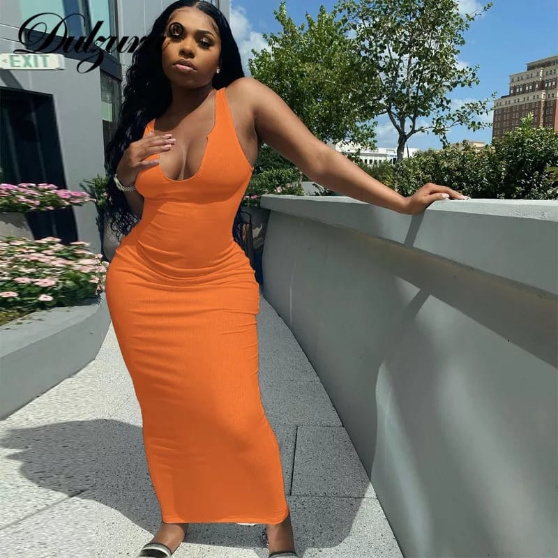 Ribbed Sleeveless V-Neck Bodycon Dress