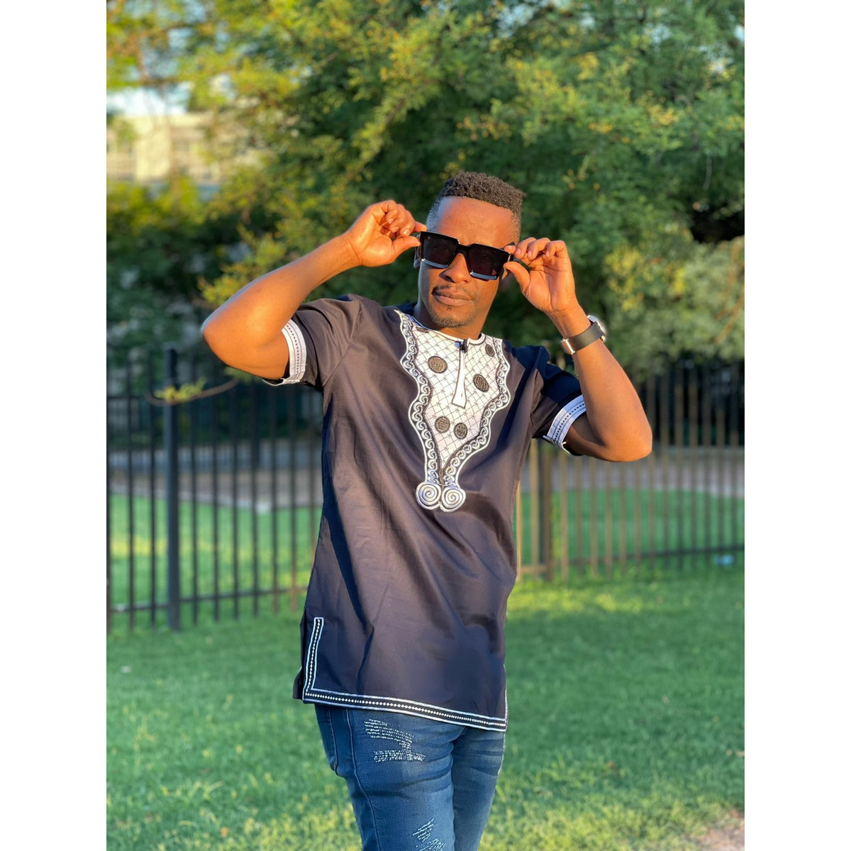 Mens African Vintage Embroidered T-Shirt
