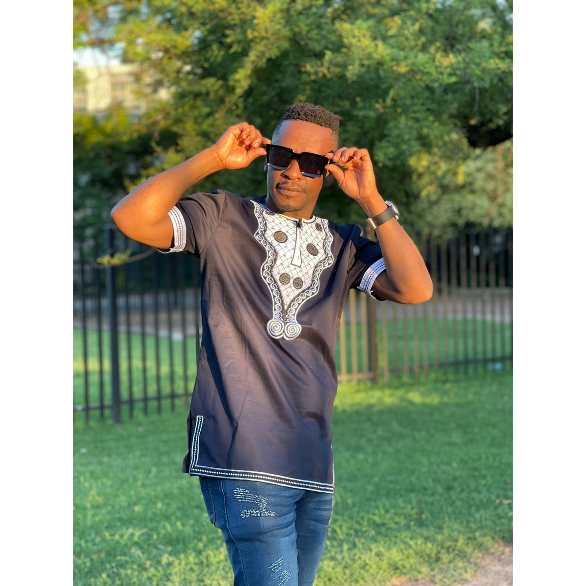 Mens African Vintage Embroidered T-Shirt