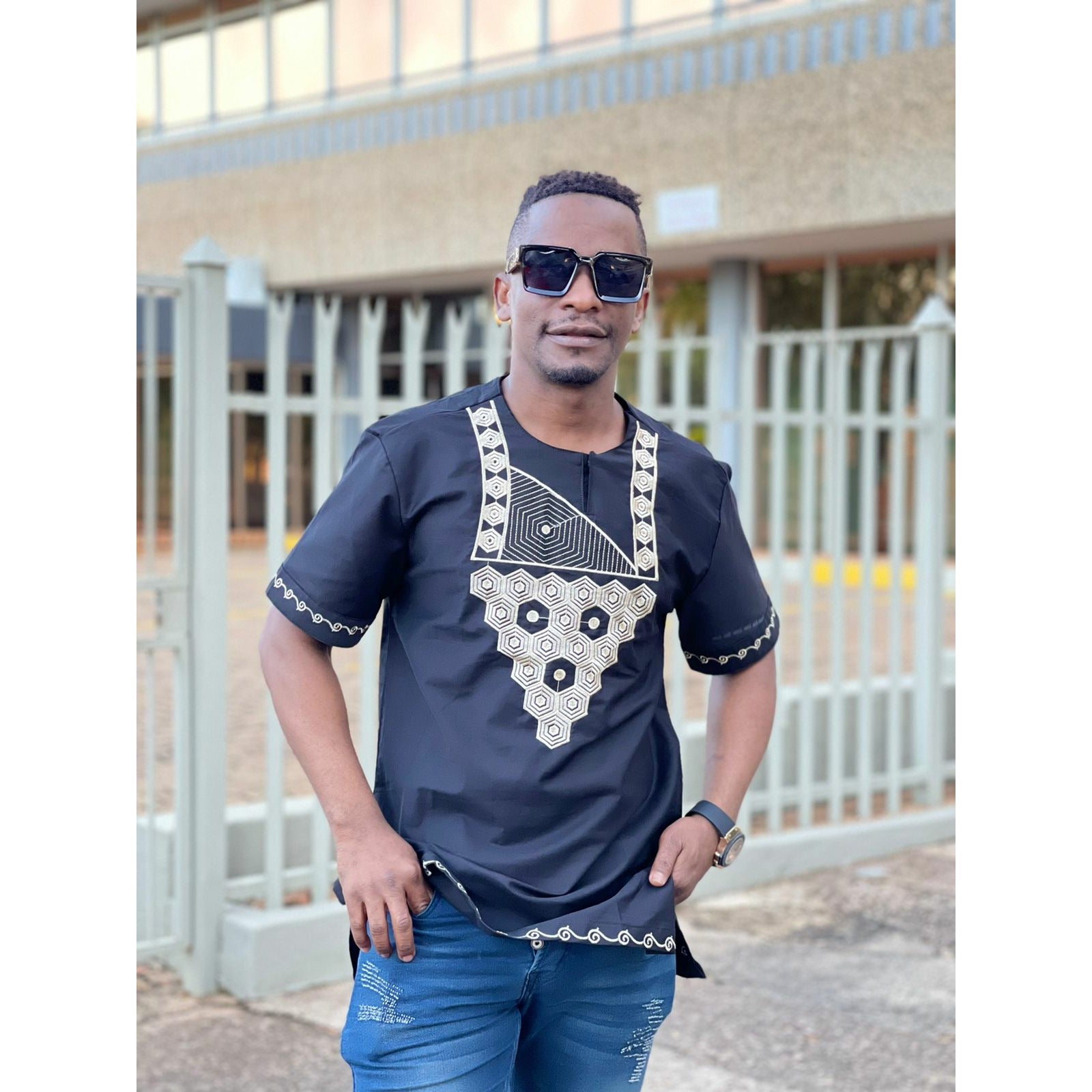 Mens African Vintage Embroidered T-Shirt