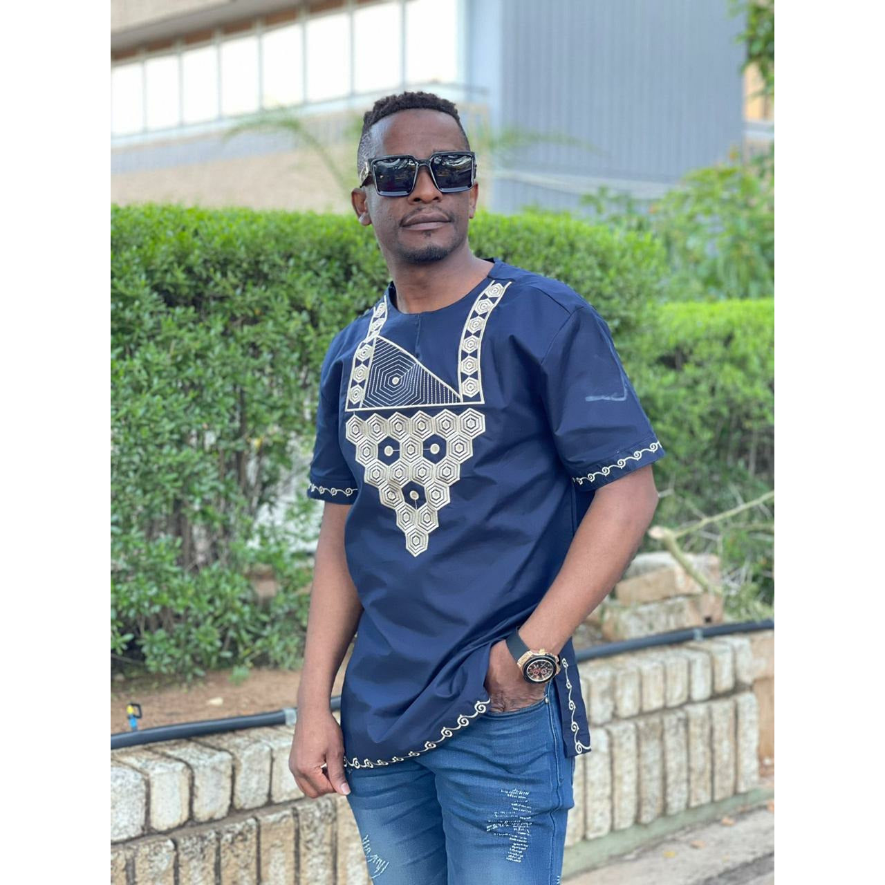 Mens African Vintage Embroidered T-Shirt