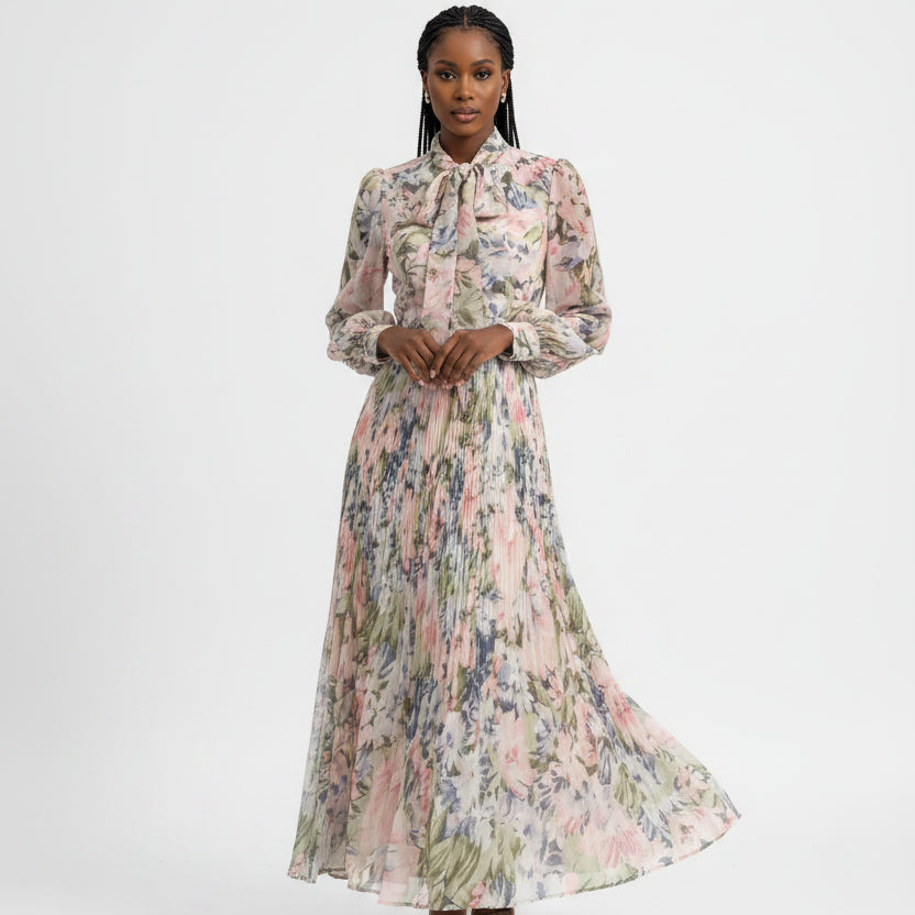 Floral Lantern Sleeve Chiffon Dress