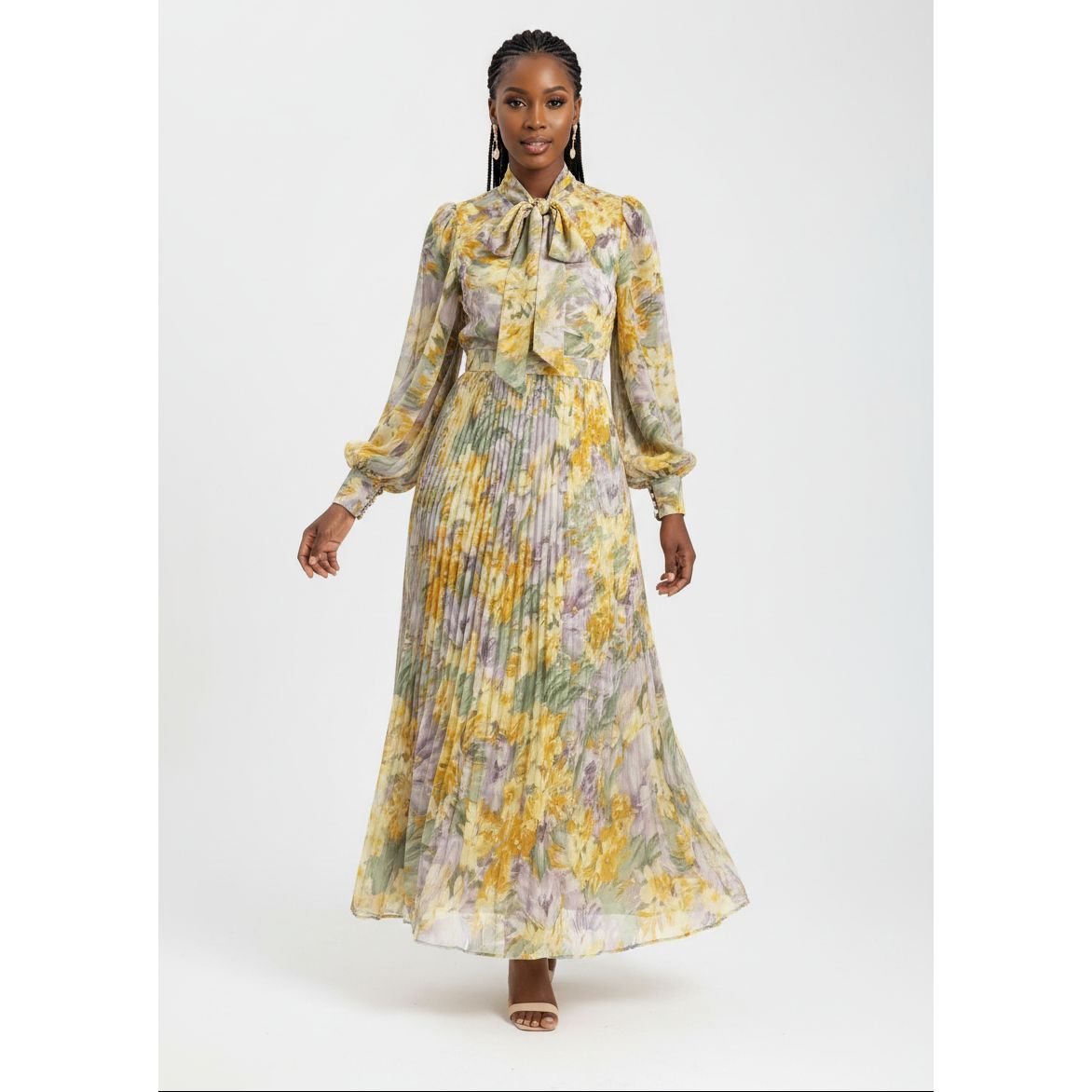 Floral Lantern Sleeve Chiffon Dress