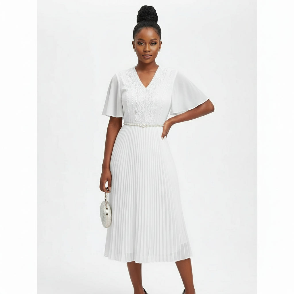 V-Neck platted Short sleeve Dress