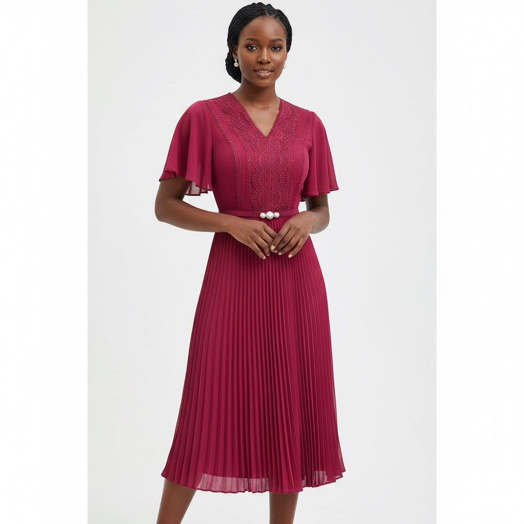 V-Neck platted Short sleeve Dress